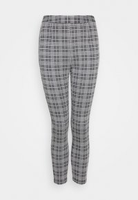 Svart och vit rutiga leggings med en åtsittande design, elastisk midja och slät tygstruktur, som sträcker sig ner till anklarna.