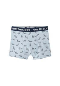 Light blue boys' boxer briefs with navy shark pattern and navy waistband branded "vertbaudet" in white.