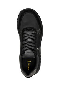 Baskets noires avec une tige en cuir lisse, des lacets proéminents et une semelle texturée. Logo Geox visible sur la languette et la semelle intérieure.