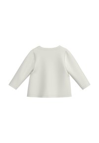 Helle beige Langarmbluse, runder Ausschnitt, weiches Baumwollmaterial, lockere Passform, schlichtes Design, keine Muster oder Verzierungen.