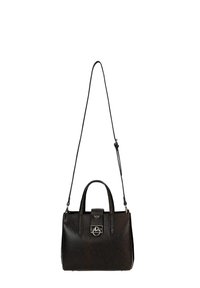 Zwarte leren handtas met een gestructureerde afwerking, dubbele handvatten en een verstelbare band. Voorzien van een metalen sluiting en gedetailleerde stiknaden.