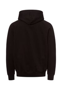Schwarzer Hoodie mit glatter Textur, verstellbarem Kordelzug an der Kapuze, gerippten Bündchen und Saum. Verfügt über eine lockere Passform und minimale Nähdetails.