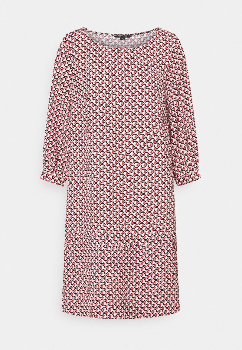 Rotes und weißes Kleid mit rundem Ausschnitt und drei Viertelärmeln. Verfügt über ein sich wiederholendes Muster aus Kreisen. Leichter Stoff.