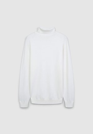 Maglione a collo alto bianco realizzato in un tessuto morbido, con maniche lunghe, polsini a coste e un design aderente senza motivi visibili.