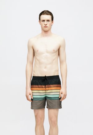 Ung mand med kort vådt hår iført flerfarvede stribede badeshorts, stående mod en ensartet hvid baggrund, vendt fremad med et neutralt udtryk.