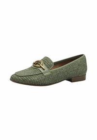 Zelené textilní loafers s texturovaným povrchem, s akcentem zlaté kovové části, kulatou špičkou a nízkým dřevěným podpatkem.