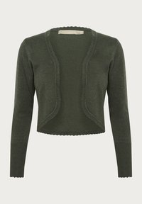 Tmavě zelený, zkrácený kardigan s jemnou texturou, otevřeným předním dílem a vlnkovými okraji. Dlouhé rukávy a jednoduchý design bez zapínání.