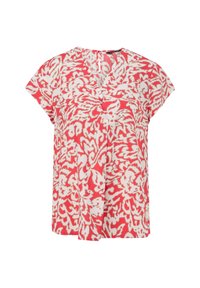 Kurzärmelige Bluse mit einem rot-weißen Blumenmuster, V-Ausschnitt und weich, leichtem Stoff.