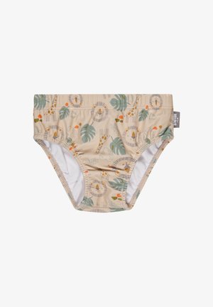 Beige toddler swimsuit bottoms with elastic waist and leg openings, decorated with lion, giraffe, and tropical leaf patterns.