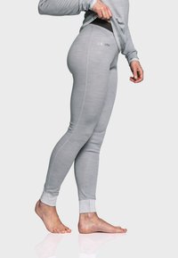 Gray activewear leggings with a textured finish, high waistband, and contrasting light gray cuffs. Designed for comfort and mobility.