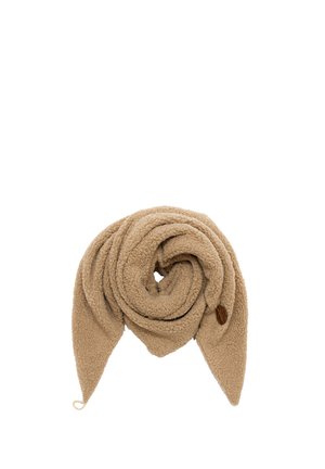 Beige soft fleece scarf rolled into a spiral, featuring a small round wooden button and loop closure on white background.