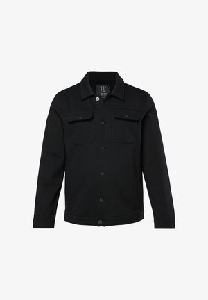 Schwarze Jacke mit Knopfverschluss, zwei Brusttaschen und einem spitzen Kragen. Der Stoff wirkt glatt mit einer strukturierten Passform und langen Ärmeln.