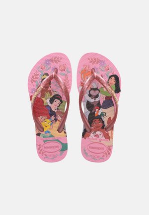 Pink flip-flops with rose gold straps featuring colorful Disney princesses and floral designs on the footbeds.