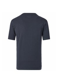 Koszulka z krótkim rękawem w kolorze granatowym, wykonana z miękkiego materiału. Prosty okrągły dekolt i prosty dół bez widocznych wzorów lub akcentów.
