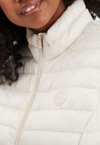 Leichte Daunenjacke mit hohem Kragen, gestepptem Design und kleinem Logo-Patch auf der Brust. Mit Reißverschluss und glatter Textur.