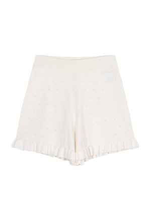 Pantalones cortos de punto crema con cintura acanalada, diseño de ojales y detalle con volantes en el dobladillo.