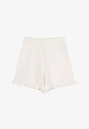 Crèmekleurige gebreide shorts met geribde tailleband, oogjespatroon en gerimpelde zoom.