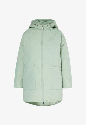 Világos zöld, steppelt dzseki kapucnival, elölnyíló cipzárral és két nagy zsebbel, sima textúrával és laza fazonnal.