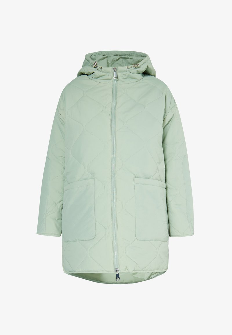Giacca trapuntata di colore verde chiaro, con cappuccio, dotata di zip frontale e due tasche grandi, texture liscia e vestibilità rilassata.