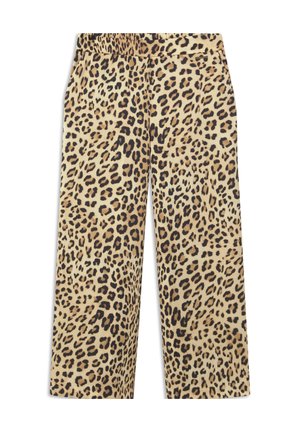 Leveälahkeiset housut, joissa on hiekan- ja ruskeansävyinen leopardikuvioitu kangas ja vyötäröllä istuva nauha, valkoisella taustalla.