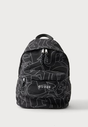 Zaino nero con design a linee astratte bianche, tasca frontale con zip e logo "GUESS" ricamato sulla tasca frontale.