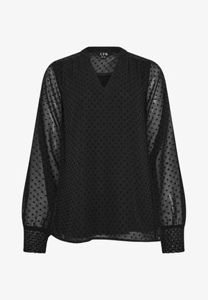 Black blouse made of sheer fabric featuring a V-neck, long puff sleeves, and textured polka dot pattern. Smocked cuff detail adds shape.