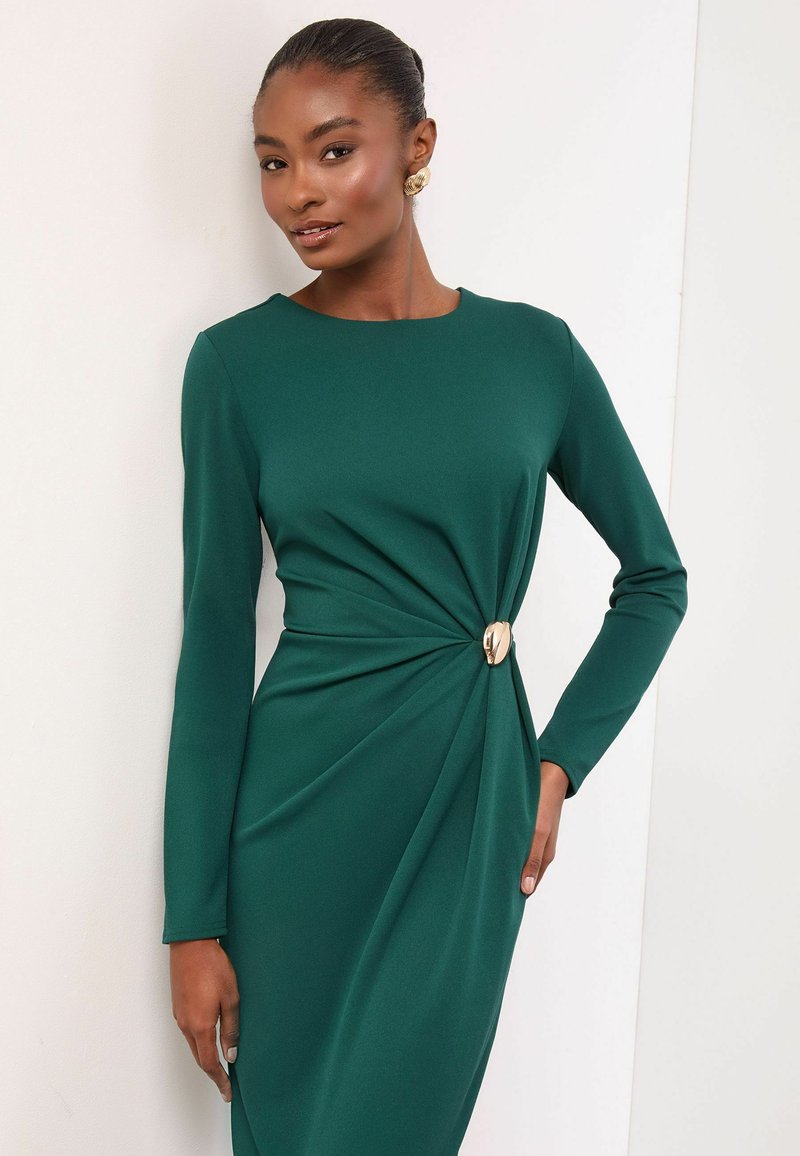 knee length dresses for ladies Leslie Bottle Green Long-Sleeve Twisted Split Maxi Dress – Club L London main image 1