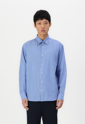 Blue and white striped button-up shirt with long sleeves, a collar, a breast pocket, and a straight cut. Smooth fabric texture.