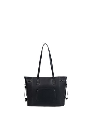 Sac fourre-tout en cuir noir avec longues bandoulières, poche avant et détails des sangles latérales, présenté sur fond blanc.