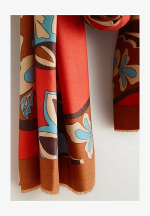 Flerfärgad halsduk med blommönster i blått, rött och brunt. Tillverkad av mjukt tyg med fransiga kanter och en mjuk textur.