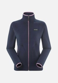 Chaqueta de forro polar de color marino con un alto cuello, cierre de cremallera y detalles en rosa en la cremallera y los puños. Presenta mangas raglán y dos bolsillos.