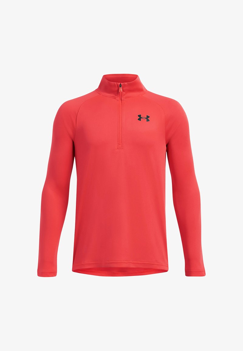 Rotes Langarmoberteil mit einem Viertelreißverschluss, gefertigt aus glattem, elastischem Material, mit einem kleinen schwarzen Logo auf der Brust.