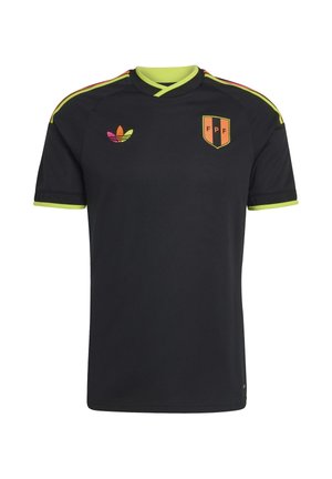 Schwarzes Sporttrikot mit gelb-grünem Saum, mehrfarbigem Adidas-Logo auf der rechten Brust und orange-gelbem Wappenschild mit "FPF" auf der linken Brust.