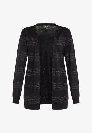 Črn kardigan z odprtim sprednjim delom, ki je opremljen z metalnimi vodoravnimi črtami, dolgimi rokavi in mehkim, teksturiranim pletenim materialom.