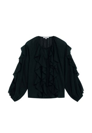 Czarna bluzka z długim rękawem, z warstwowymi falbanami z przodu i na rękawach, z okrągłym dekoltem i luźnym krojem.