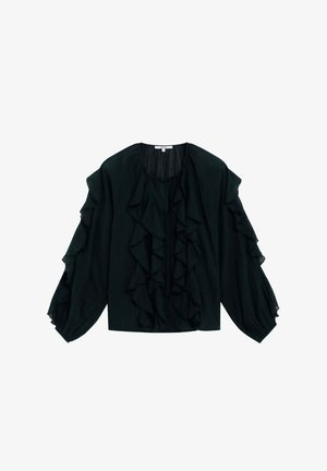 Czarna bluzka z długim rękawem, z warstwowymi falbanami z przodu i na rękawach, z okrągłym dekoltem i luźnym krojem.