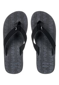 Flip-flop neri con una soletta grigia scura e testurizzata che presenta un motivo floreale e fasce nere. Le fasce hanno una finitura liscia.