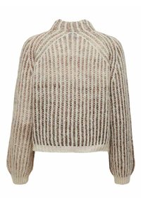 Beige und braun gestreifter Strickpullover mit langen Ärmeln, gerippten Bündchen und hohem Rundhals, von hinten gezeigt.
