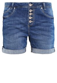 Jeansshorts i mörkblått, med en femknappslåsning framtill, fransade fållar och klassisk femficksdesign. Slät textur med lätt blekning.
