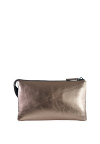 Borsa di bronzo metallizzato con una texture liscia, forma rettangolare, chiusura con zip superiore e una tracolla nera per un facile trasporto.