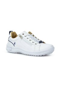 Zapatilla blanca con un material similar al cuero suave, lengüeta acolchada, parte delantera con cordones, cremallera lateral y acentos en azul marino contrastantes. Suela de goma.