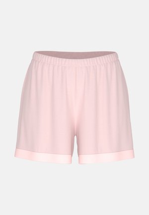 Lichtroze shorts gemaakt van zacht stof, met een elastische tailleband, eenvoudig ontwerp en contrasterende lichtere afwerking aan de zoom.