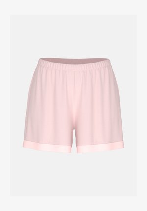 Lichtroze shorts gemaakt van zacht stof, met een elastische tailleband, eenvoudig ontwerp en contrasterende lichtere afwerking aan de zoom.