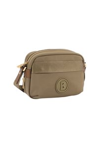 Borsa a tracolla in nylon khaki con hardware dorato, fascia a coste e logo circolare; presenta una chiusura con zip e una tracolla regolabile.