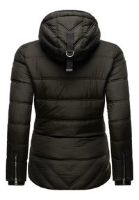 Padded black winter jacket with a hood, vertical and diagonal stitching, zippered pockets, and a black strap detail at the back.