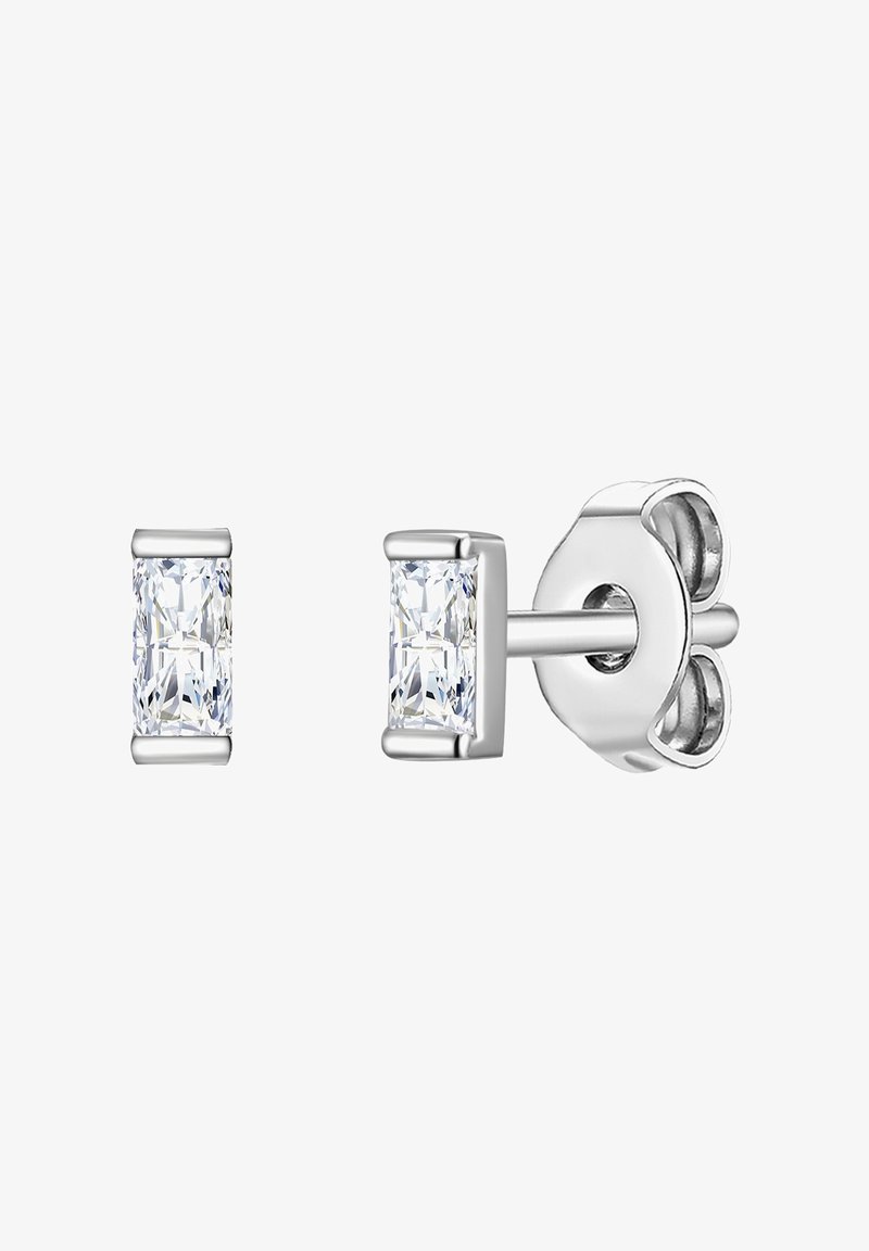 Silver rectangular stud earrings featuring clear cubic zirconia stones, with a sleek design and a secure post-back closure.