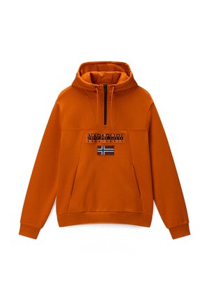 Felpa arancione con cappuccio, zip frontale, tasca a marsupio, logo Napapijri Geographic e toppa con la bandiera norvegese sul petto.