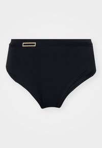 Fekete bikini alsó, magas derekú fazonnal, arany téglalap kiemeléssel és sima, puha textúrával. Klasszikus és visszafogott stílus.