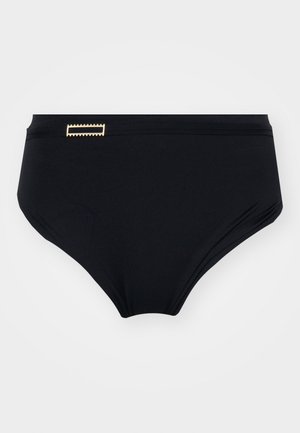 Svart bikinitruse med høy midje, med en gullfarget rektangulær detalj og glatt tekstur. Klassisk og understated stil.