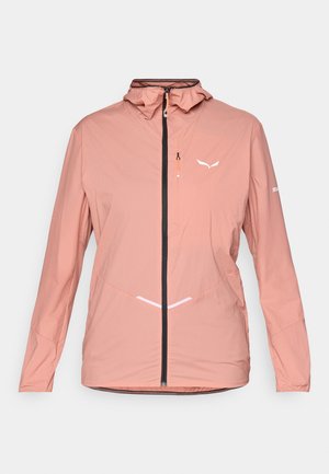 Lightweight, pink windbreaker jacket with a hood, full front zipper, reflective accents, and elastic cuffs. Features a zippered chest pocket.